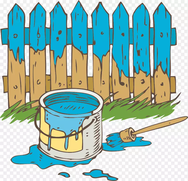 矢量蓝色油漆桶和栏杆
