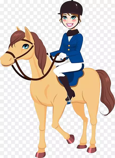 卡通手绘穿着蓝色衣服的骑马运动