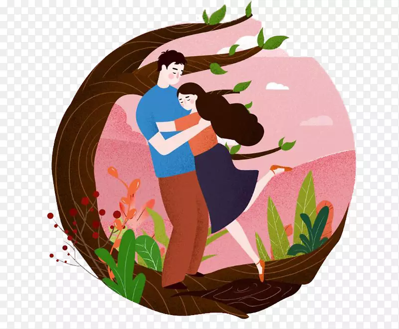 甜蜜的情侣在树下抱在一起