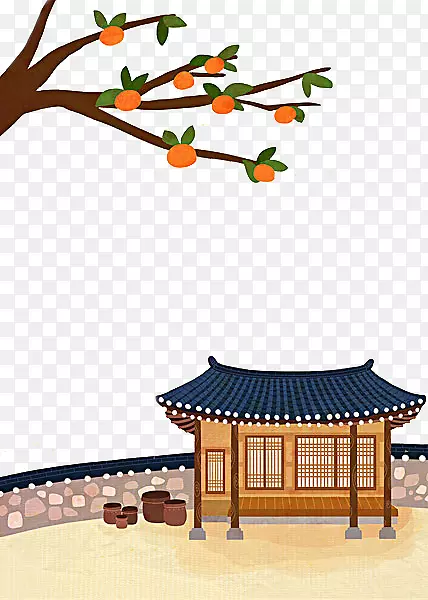 手绘柿子树青瓦白墙