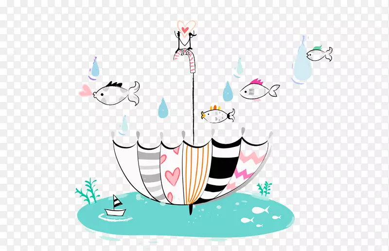 可爱水彩插图梦幻插画雨伞与小鱼