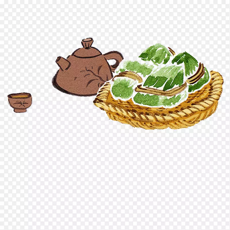 手绘水彩装饰插图端午节粽子与茶