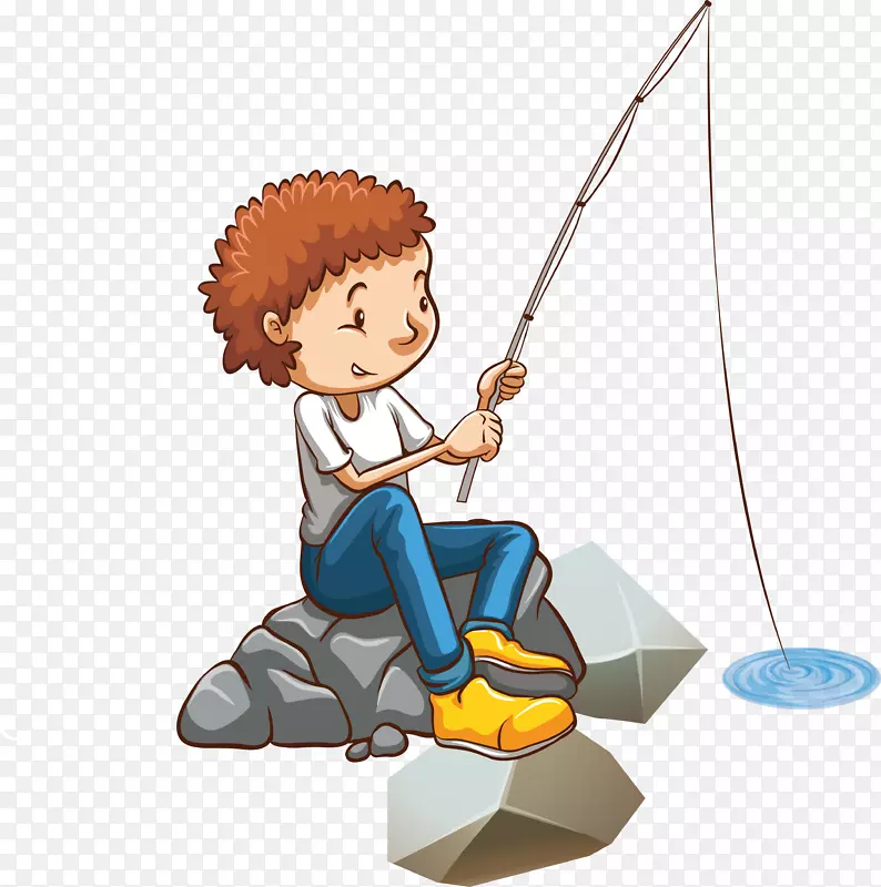 河边钓鱼快乐儿童野外游玩矢量素