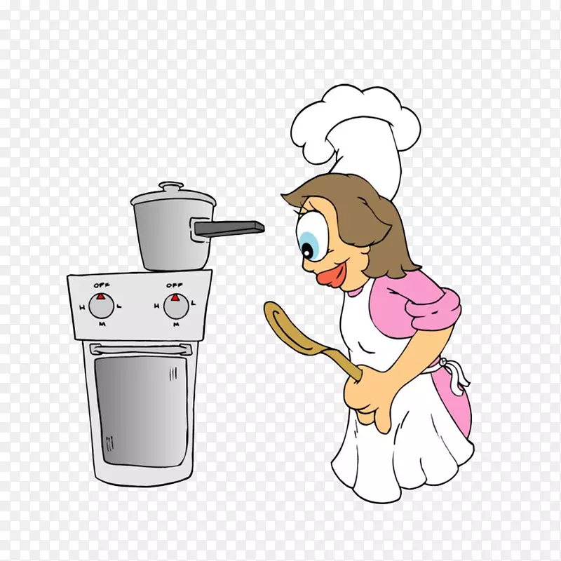 卡通在厨房认真盯着烤炉的厨娘