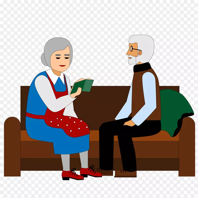 卡通两个老年人坐在沙发上
