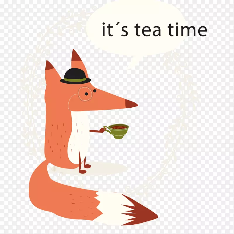 可爱喝茶的狐狸挂画矢量