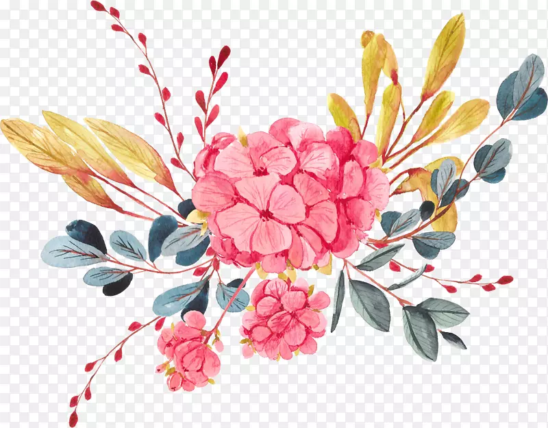 手绘粉红色花朵彩色叶子插画