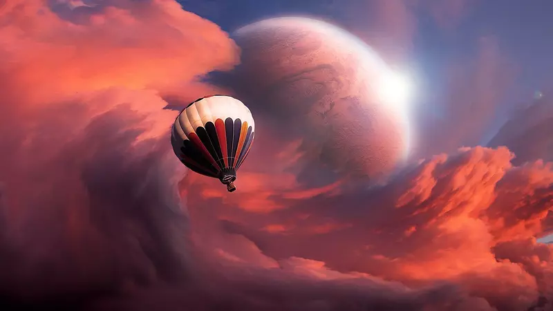 红色翻滚的云层月亮热气球海报背景