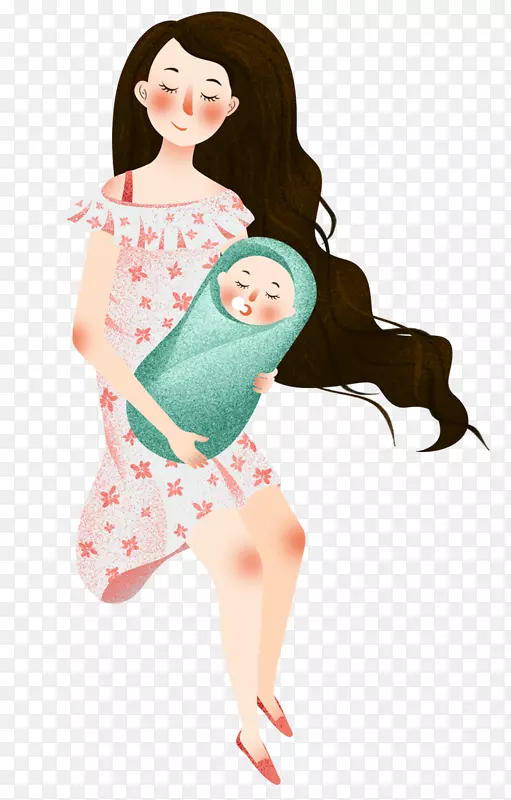 手绘人物插图妈妈抱着熟睡的孩子
