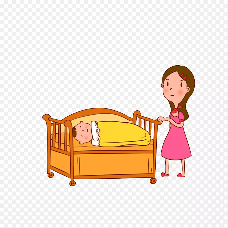 卡通婴儿床上休息的婴儿和站着的