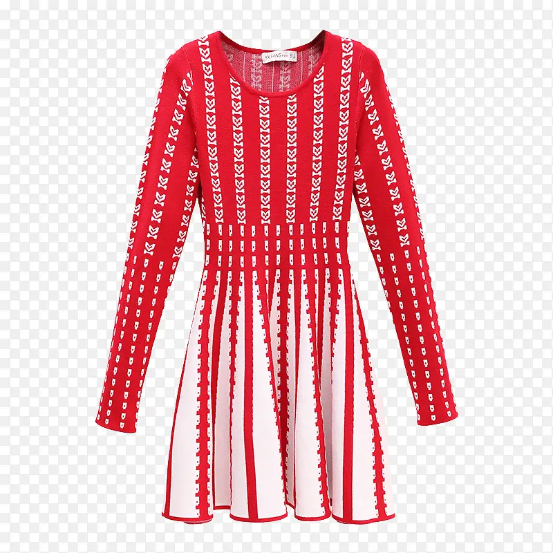 红白色针织连衣裙