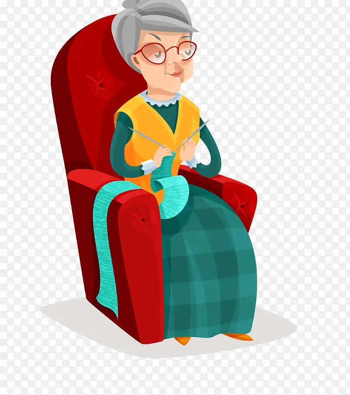 卡通老妇人沙发上织毛衣png