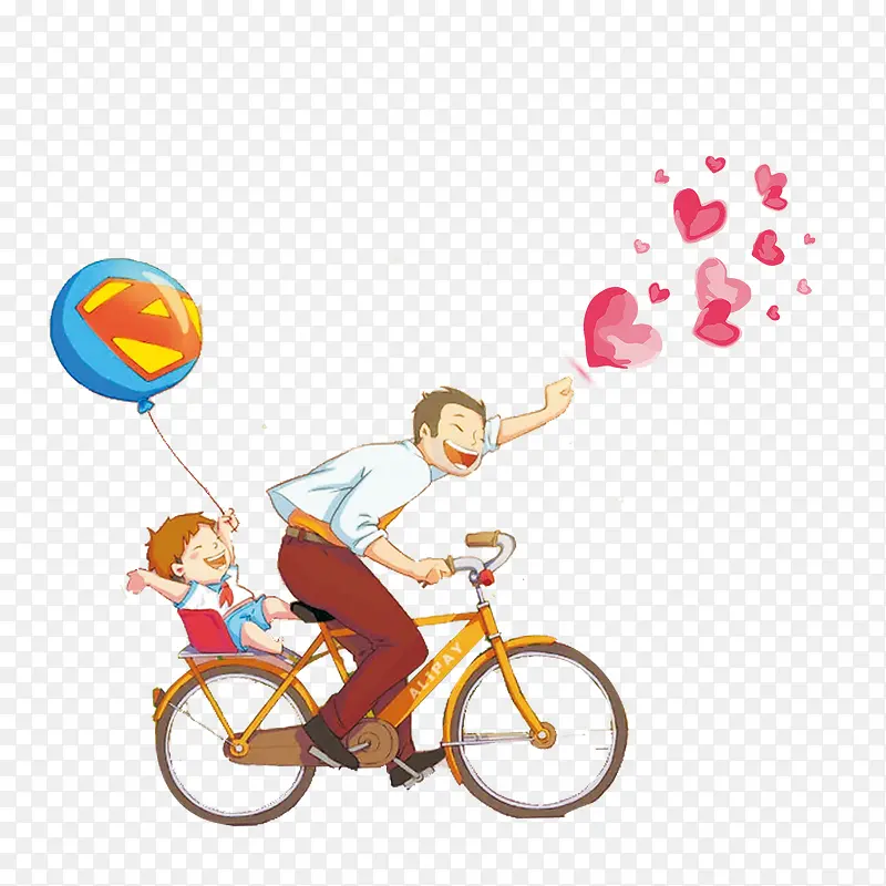 卡通手绘骑着自行车带着孩子的爸