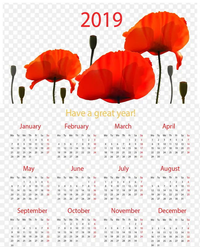 红色花朵新年日历