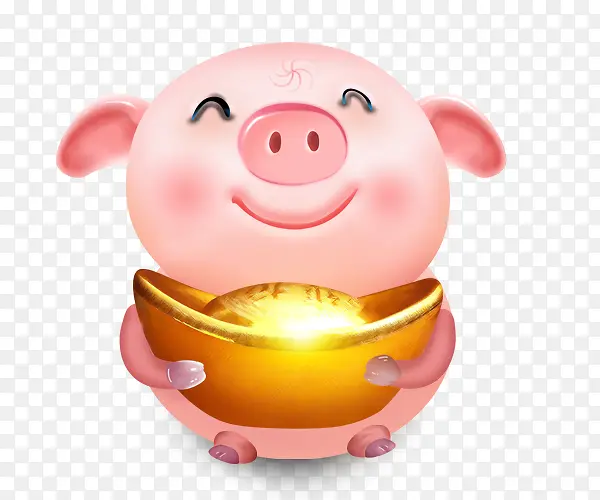手绘可爱的猪抱着金元宝