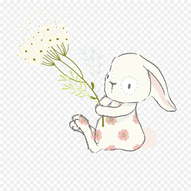 拿着花朵的手绘兔子