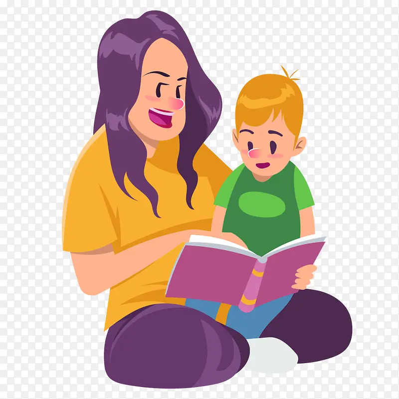 矢量手绘卡通母亲和孩子读书插画