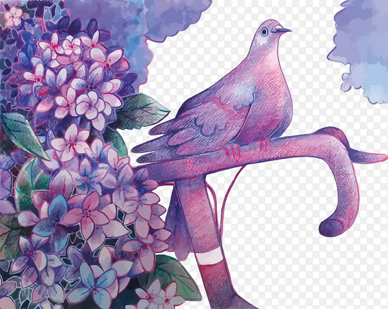 矢量紫色鸽子和花