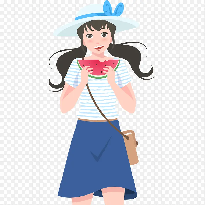 矢量夏日吃西瓜少女插画