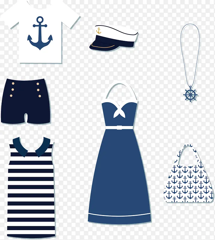 时尚蓝色海军风格衣物图标矢量图