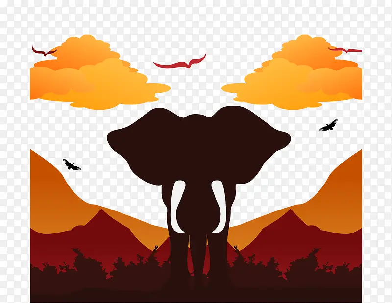 傍晚森林中的大象背景矢量图