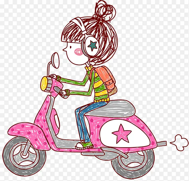 卡通女孩戴着耳机骑电瓶车