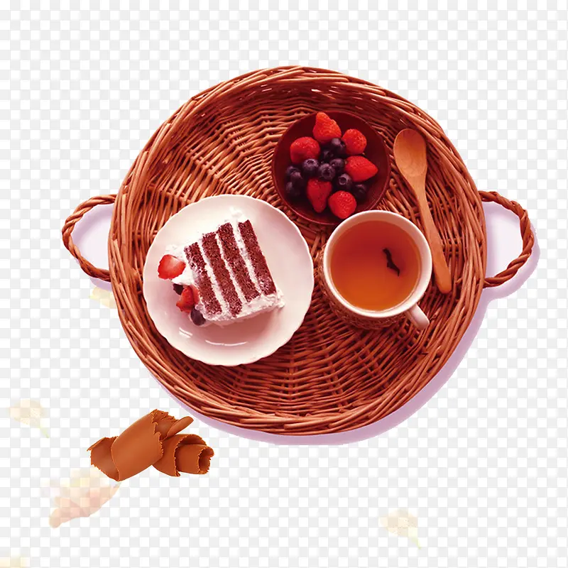 免抠红色编织篮子里的下午茶