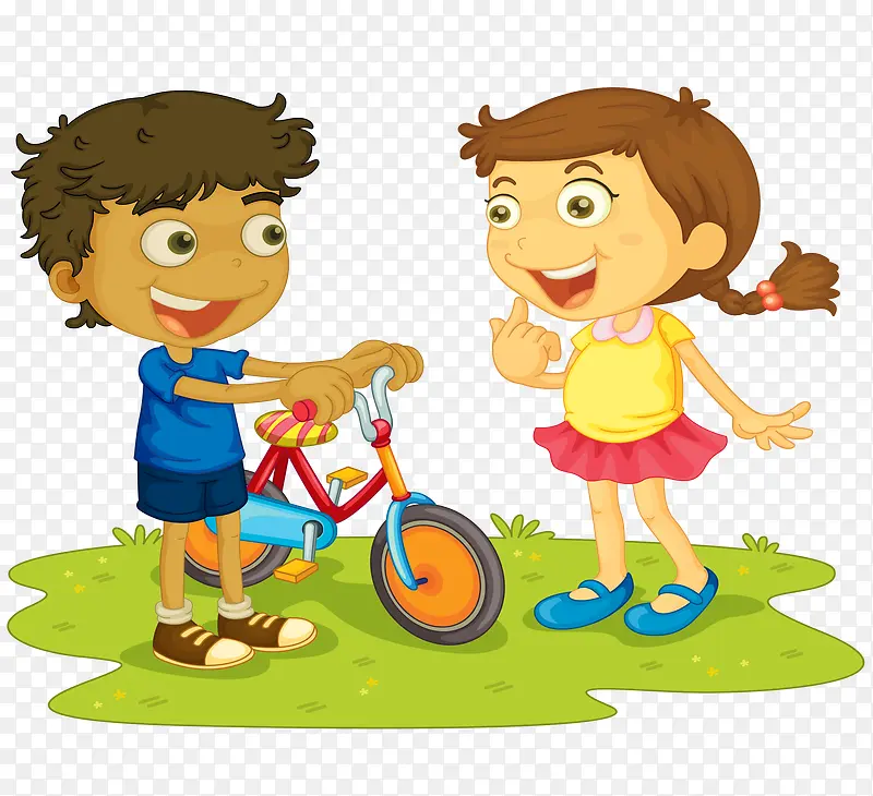 卡通小孩玩耍骑自行车矢量图