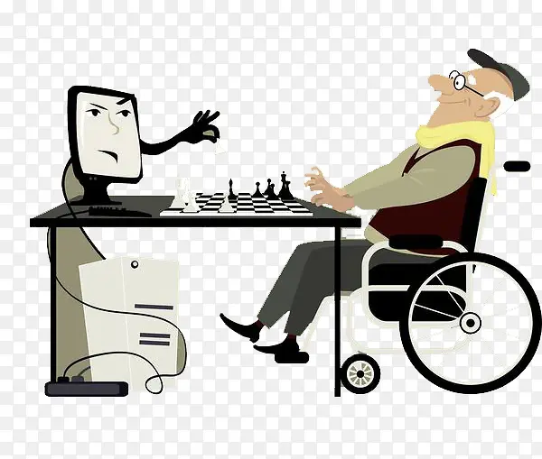 与电脑下棋的坐轮椅的人