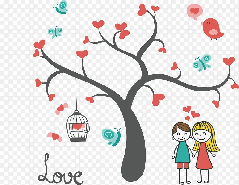 矢量卡通爱心树与情侣