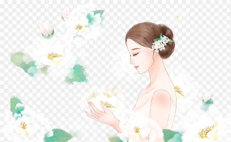 卡通手绘女子捧花插画