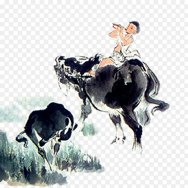 清明节水墨风放牛的孩子背景元素