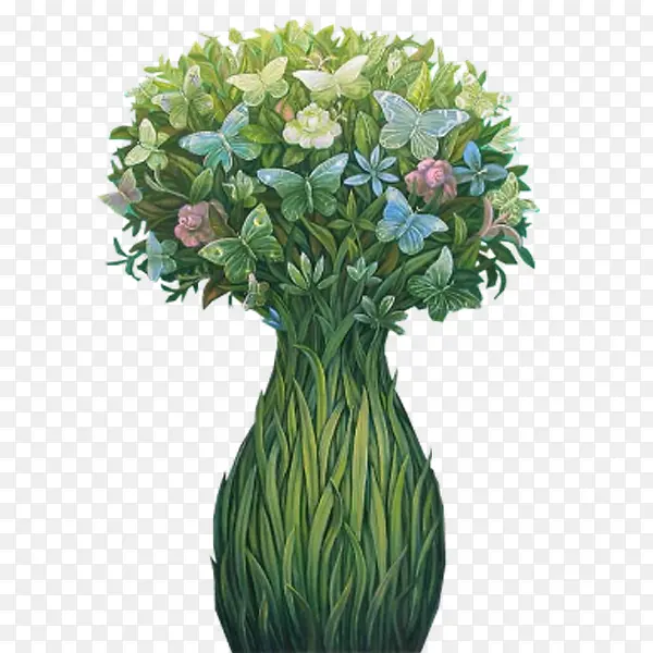 绿色蝴蝶花瓶彩绘
