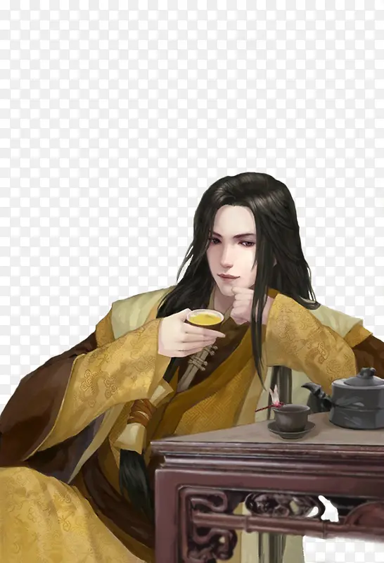喝茶的黄衣美男古风手绘