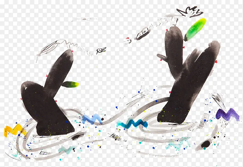 黑色中国风水墨植物插画免抠