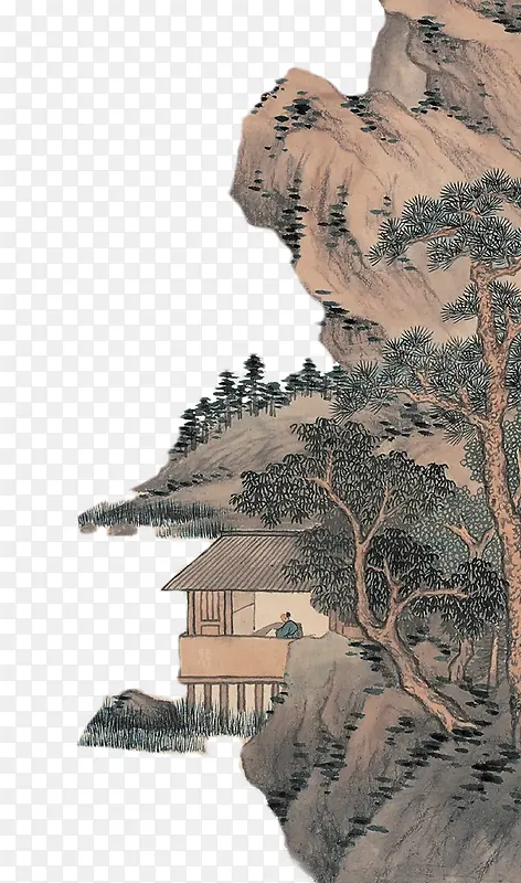 古典海报远山树木房子免扣素材