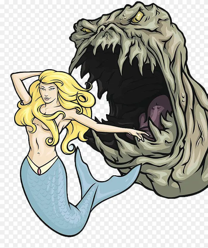 海洋怪物吞噬美人鱼插画