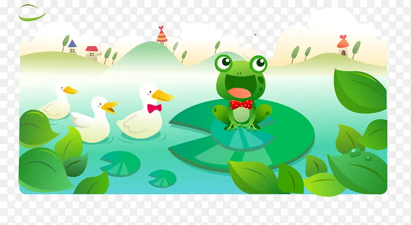 卡通青蛙鸭子池塘风景矢量图