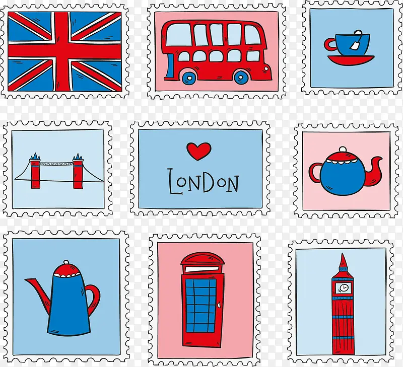 手绘可爱伦敦纪念邮票