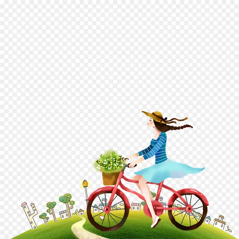 免抠卡通手绘春季草地上骑车的女