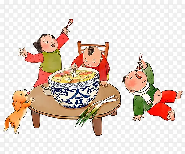 卡通手绘古代孩子吃腊八粥