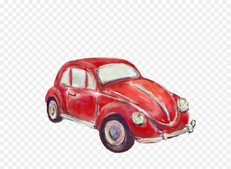 手绘水彩红色甲壳虫小汽车