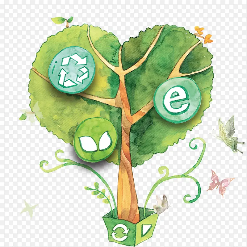 卡通绿色心形环保手绘大树