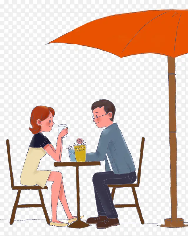 手绘人物插图咖啡馆伞下喝饮料的