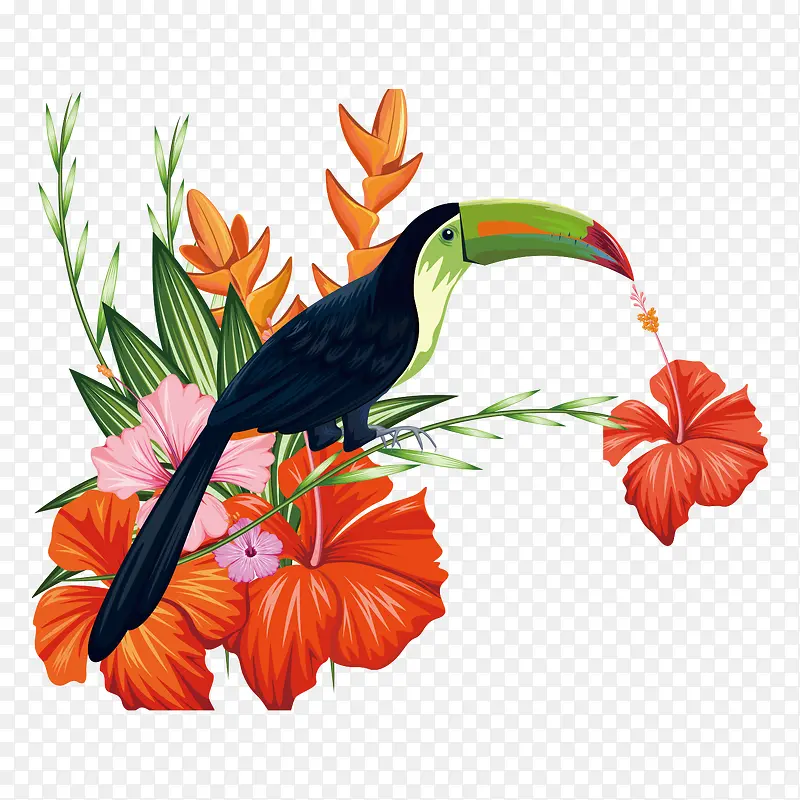 母亲节大嘴鹦鹉和花朵装饰插画