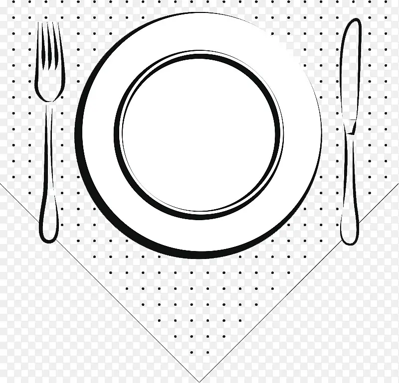 手绘黑白插图西餐餐具摆盘