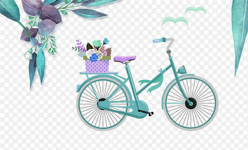 免抠卡通手绘蓝色的自行车绿叶装