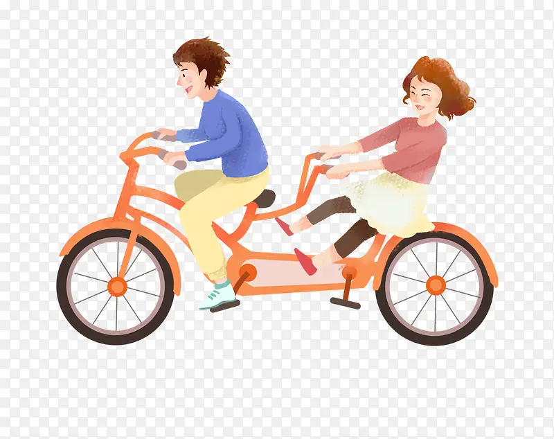手绘人物可爱插画骑双人自行车的