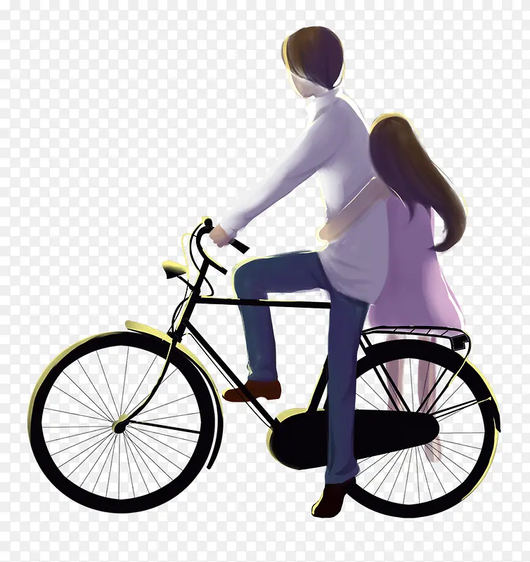 手绘人物插图骑自行车的情侣背影