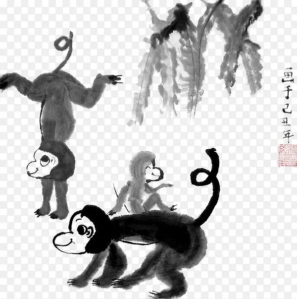 黑色中国风水墨猴子插画免抠